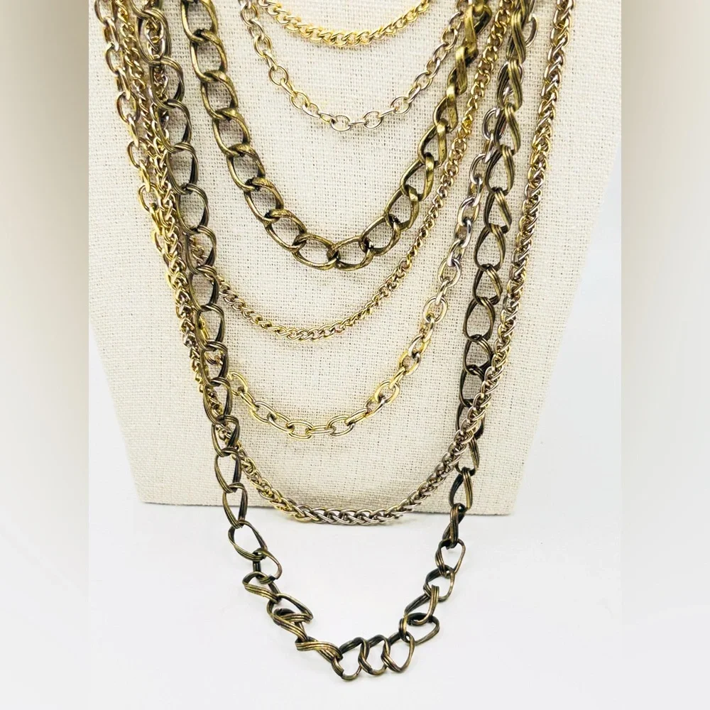 Vintage 7-Strand Mixed Metal Layered Chain Necklace - Picture 3 of 10